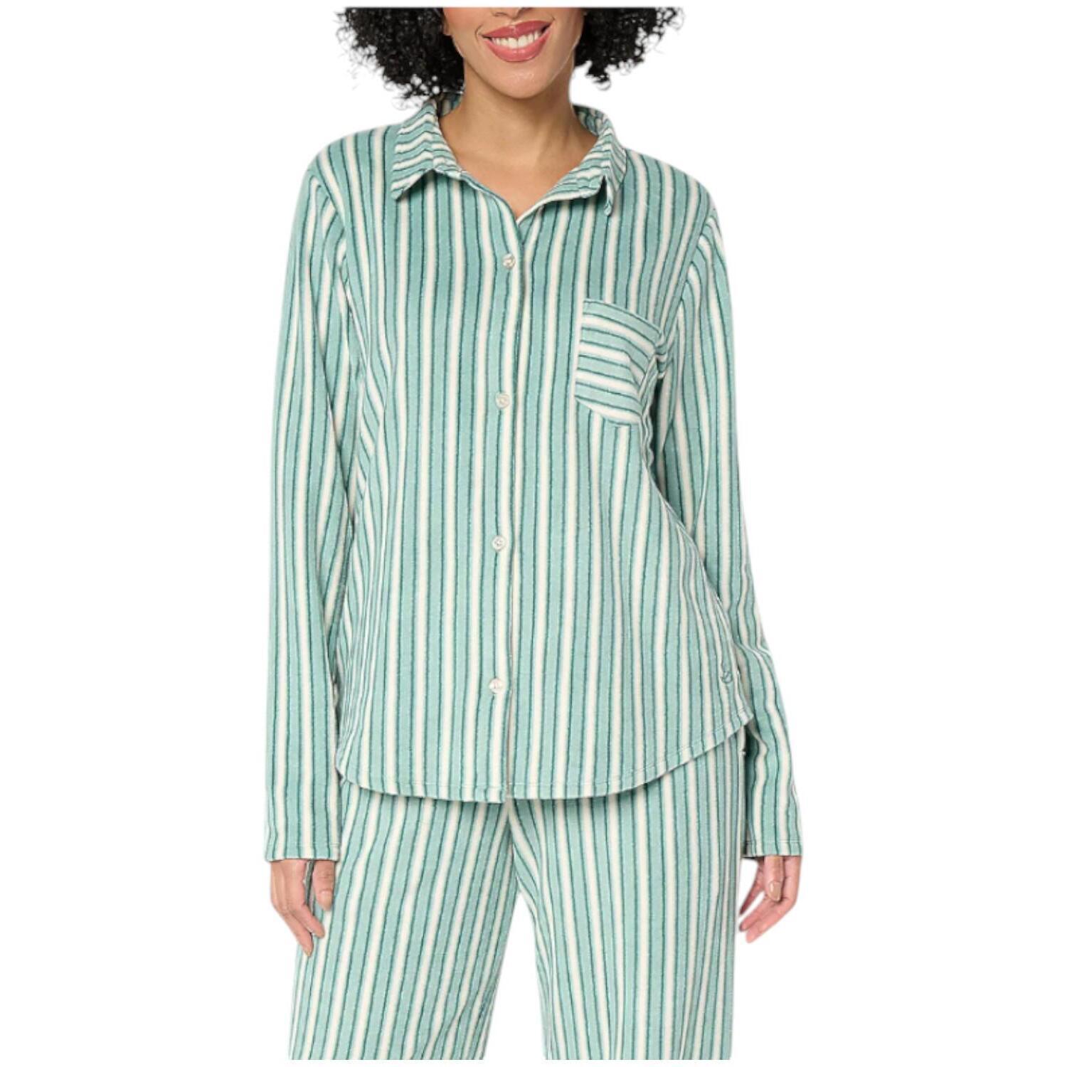 Cuddl Duds Womens Fleecewear Top Green Stripes  Regular